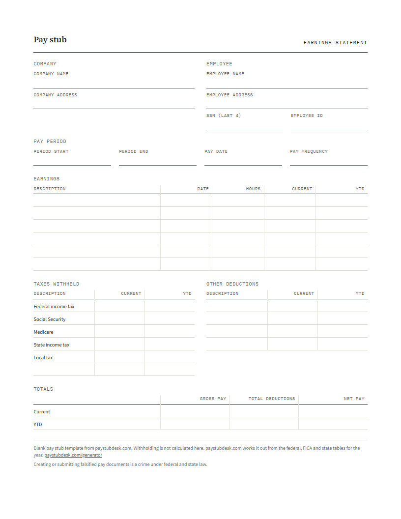 Blank pay stub template with lines for earnings, taxes withheld, deductions and net pay